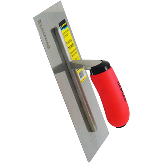 A Darnio plastering trowel with a stainless steel blade, a red ergonomic handle, and a yellow safety label, shown on a plain white background.