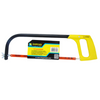 Dargan 12-inch hacksaw with a black curved blade, orange steel bar, and bright yellow handle, shown with its retail packaging label on a white background.