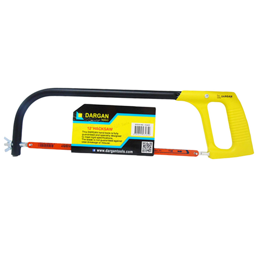 Dargan 12-inch hacksaw with a black curved blade, orange steel bar, and bright yellow handle, shown with its retail packaging label on a white background.