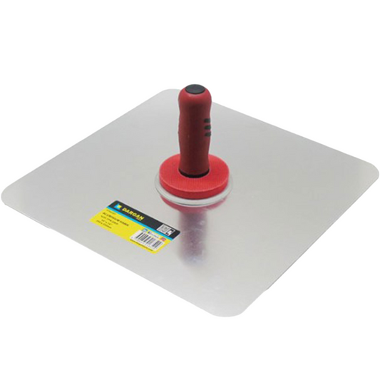 A square metal trowel with a red and black handle and a red circular base, shown on a plain white background. A yellow and black label is attached near one corner.