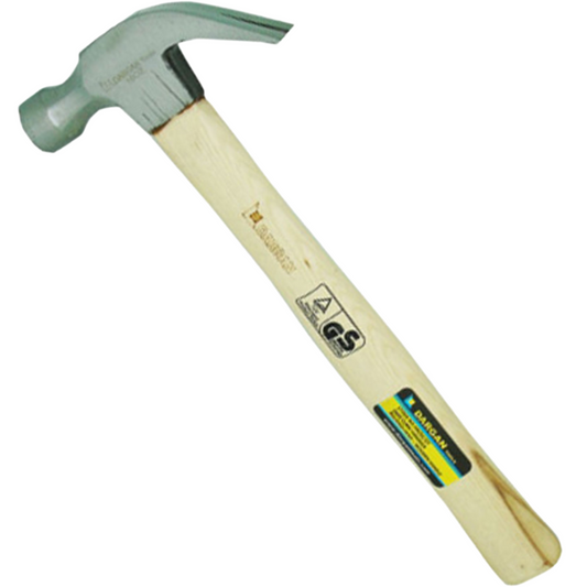 Hammer with wooden handle and metal claw on white background