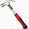 A claw hammer with a silver steel head and a red and black textured handle, shown on a plain white background. A yellow and black label is attached near the neck.