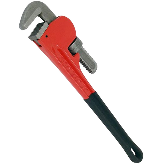 A pipe wrench with a red head, silver metal jaws, and a black handle, shown on a plain white background.