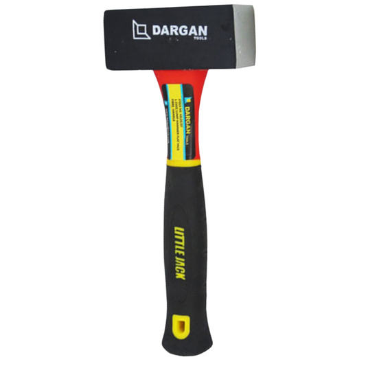 A Dargan hammer with a black and silver metal head, a red and yellow wrapped handle, and a black grip with yellow text, shown against a plain white background.