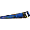 image displays blue and black handsaw with yellow logo on white background