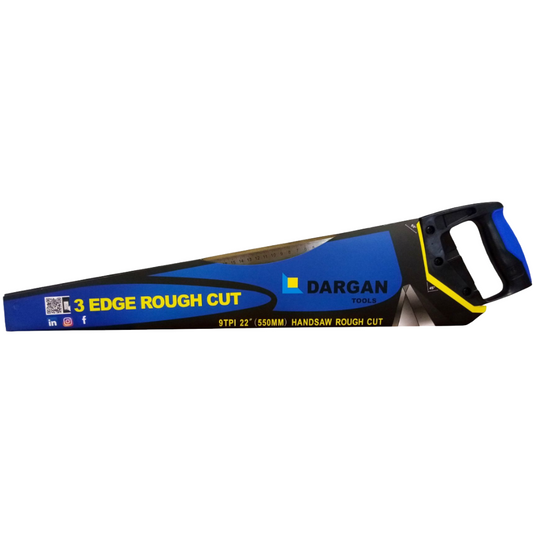 image displays blue and black handsaw with yellow logo on white background