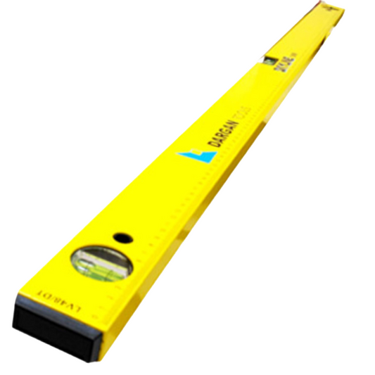 spirit level in yellow with blue logo on white background