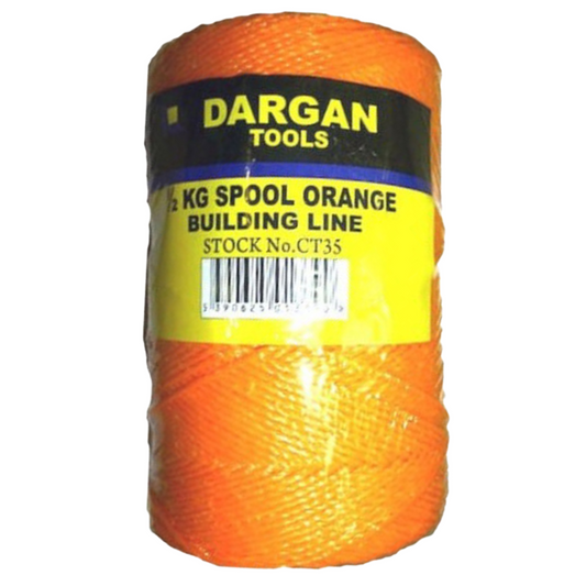 A roll of bright orange spool of Dargan Tools Building Line, wrapped in clear plastic with a yellow and black label.