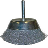 A metal wire wheel brush attachment with a dark gray steel bristle head and a central mounting stem, isolated on a white background.