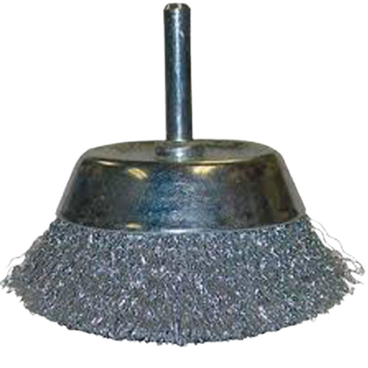 A metal wire wheel brush attachment with a dark gray steel bristle head and a central mounting stem, isolated on a white background.