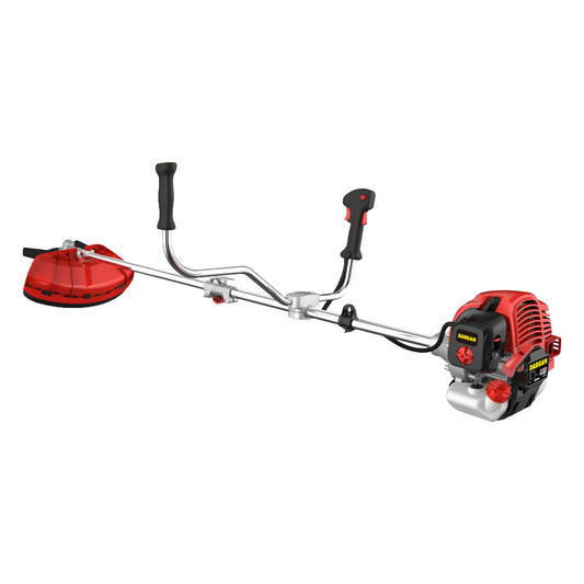 Red and black brush cutter on a white background