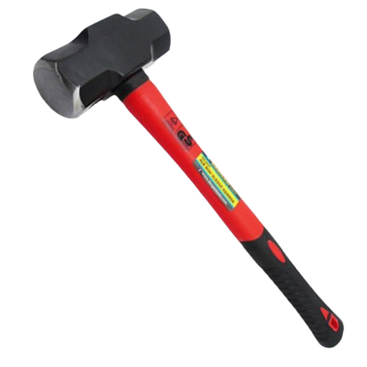 A red and black handled sledge hammer with a dark gray steel head, shown on a plain white background.