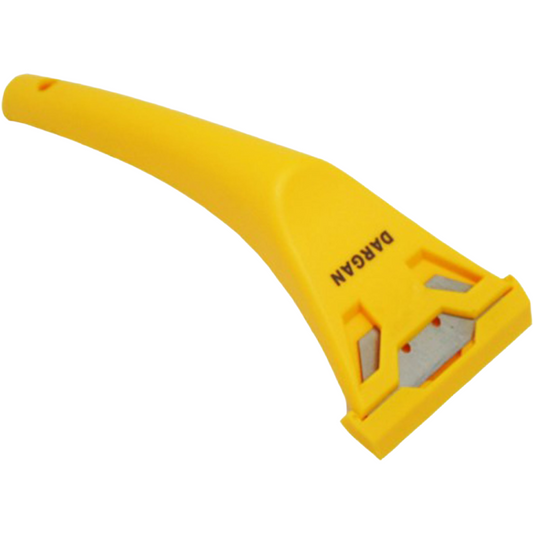yellow paint scraper with utility blade and black dargan logo on white background