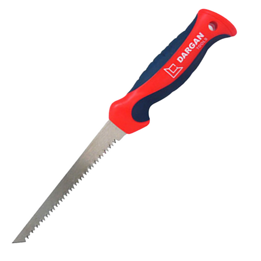 A Dargan hand saw with a red and navy blue ergonomic handle and a silver metal blade, shown on a plain white background.