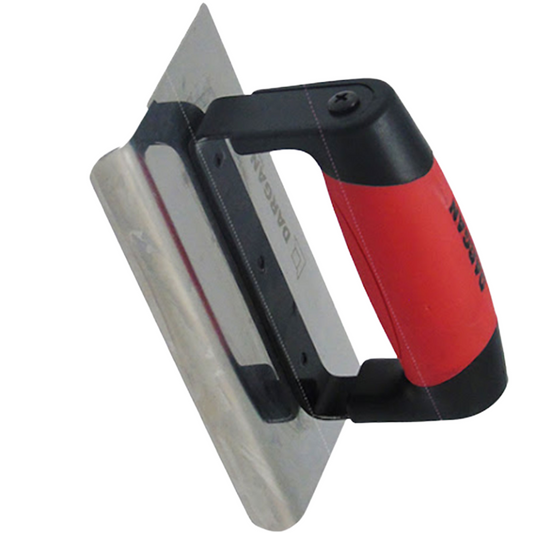 A trowel with a red and black handle and a silver metal blade, shown on a plain white background.