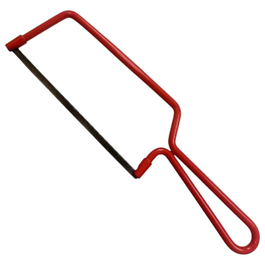 A red metal hacksaw with a black metal blade, shown on a plain white background.