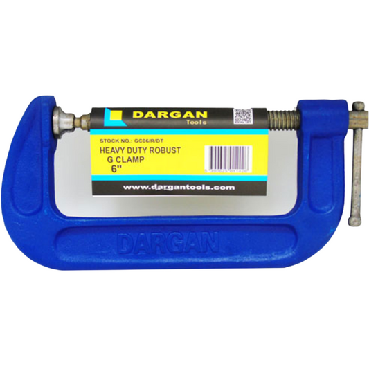 A blue Dargan 6-inch G clamp with a black and yellow product label on the screw shroud, shown against a plain white background.