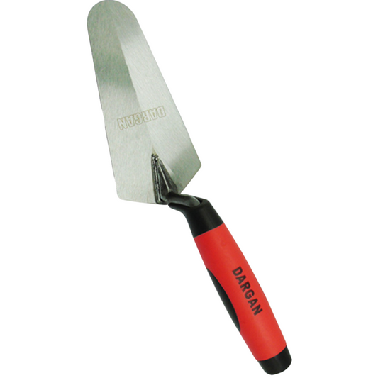 A Dargan hand trowel with a silver steel blade and a red and black handle, shown on a plain white background.