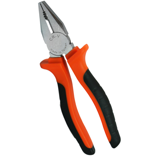 Nose pliers with bright orange and black handles and silver metal jaws, shown on a plain white background.