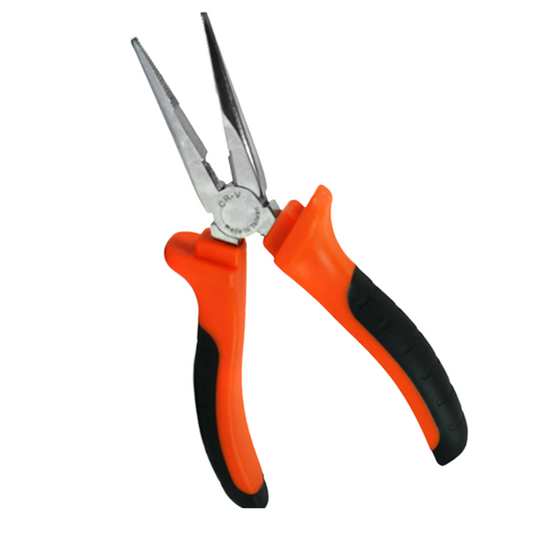Long nose pliers with bright orange and black ergonomic handles and silver metal jaws, shown on a plain white background.