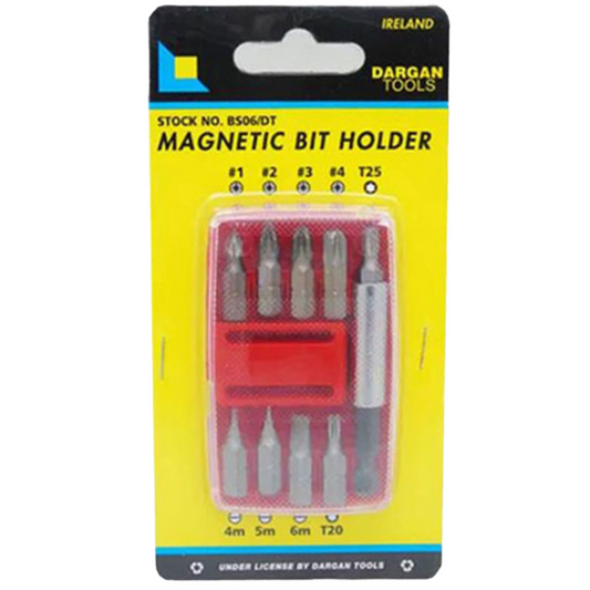 Dargan Tools Magnetic Bit Holder set in its original yellow and black retail blister packaging, containing six different screwdriver bits and a bit holder.