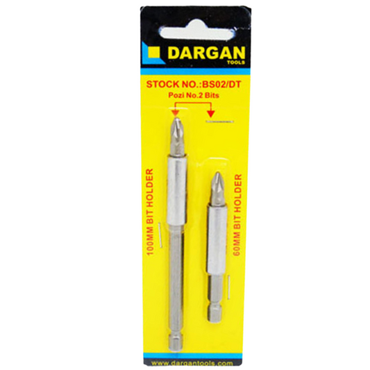 Dargan Tools 100mm and 60mm Posi No. 2 bits in a yellow and black retail blister pack.