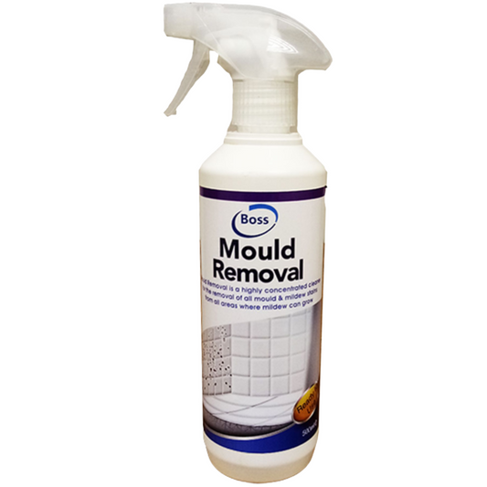 A bottle of Boss Mould Removal cleaner spray on a plain white background.