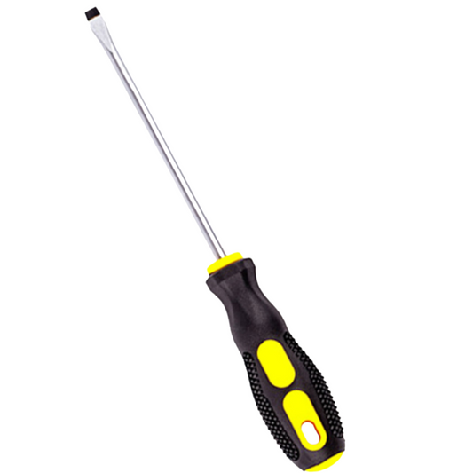 A flathead screwdriver with a black and yellow textured handle and a silver metal shaft, shown diagonally on a plain white background.