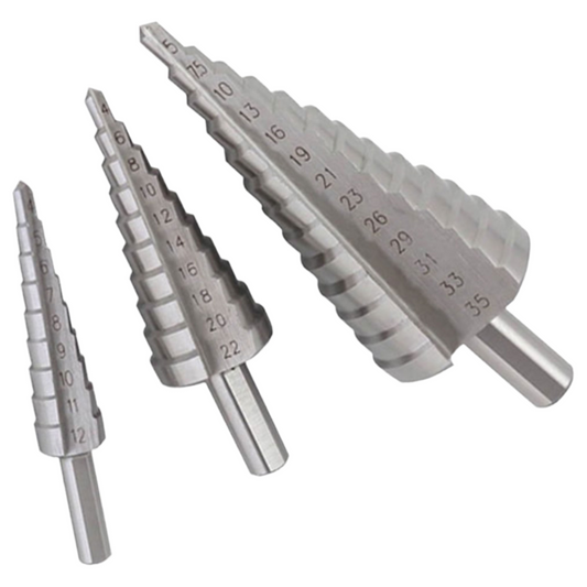 3 metal drill bits on white background