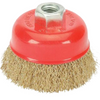 A wire brush attachment head with a red plastic dome, a silver metal hex nut on top, and tan nylon bristles, shown on a plain white background.
