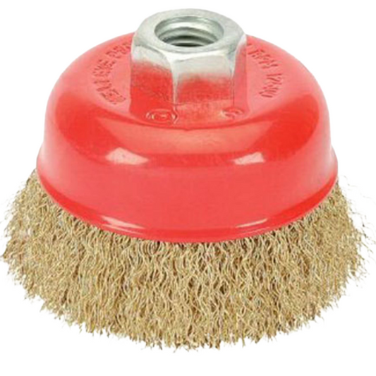 A wire brush attachment head with a red plastic dome, a silver metal hex nut on top, and tan nylon bristles, shown on a plain white background.