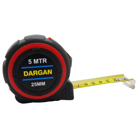 A Dargan 25mm tape measure with a black casing, red accent ring, and yellow measuring tape extended, shown on a plain white background.