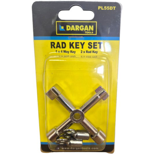 Dargan Tools Rad Key Set PL55DT in its original blister card packaging, containing two metallic cross-shaped keys and four small pins.