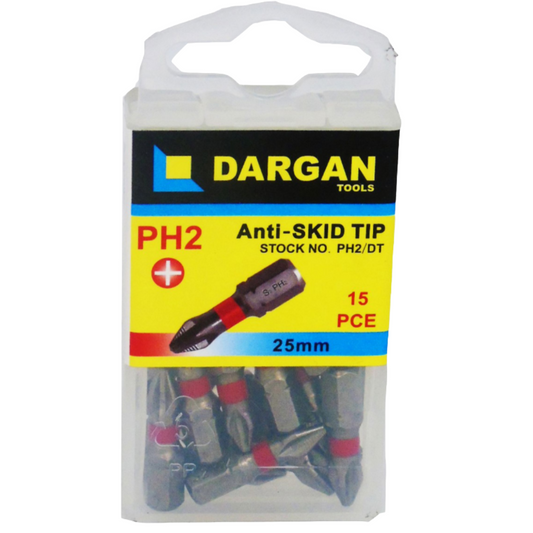A package of 15 Dargan Tools PH2 Anti-Skid Tips, 25mm size, in a clear plastic bag with a yellow, black, and blue cardboard header card.