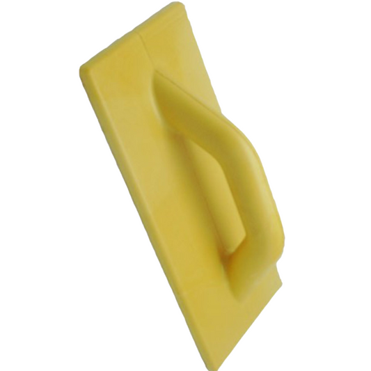 A yellow plastic trowel or screed board with an integrated handle, shown against a plain white background.