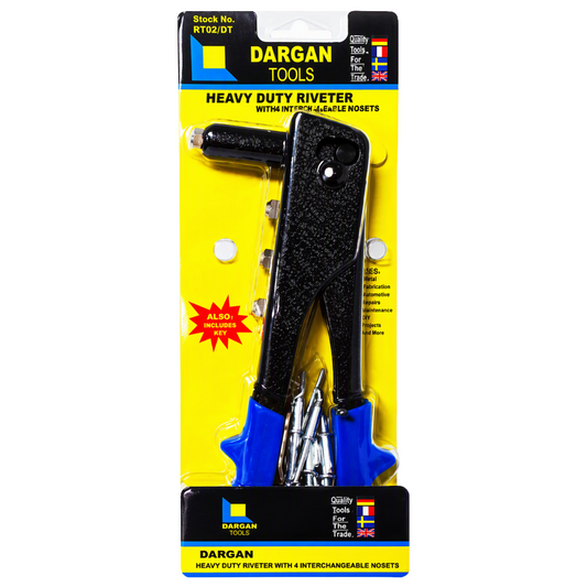 Dargan Tools Heavy Duty Riveter with interchangeable nozzles in its original retail blister packaging, featuring a black and blue handle with a bright yellow backing card.