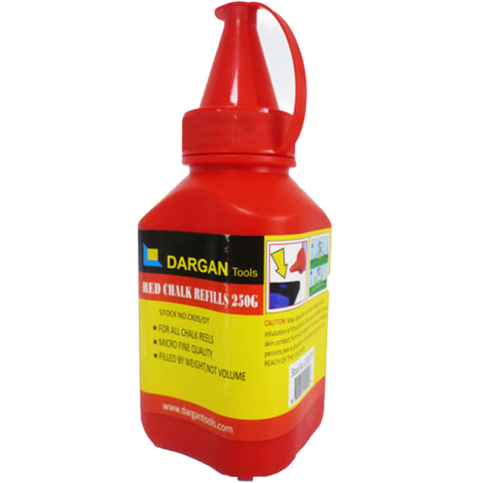 A red plastic squeeze bottle of Dargan Tools Red Chalk Refills 250G, featuring a yellow and black label with product details and a white safety warning panel.