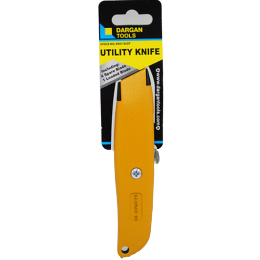 Dargan Tools utility knife in bright yellow-orange plastic with a black and yellow retail hanger card, shown against a plain white background.
