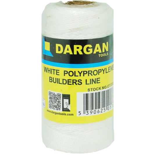 A spool of Dargan Tools white polypropylene builders line, featuring a yellow and black label with a barcode on a white background.