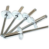 Five silver metal rivets with flat circular heads and long shanks, arranged on a plain white background.