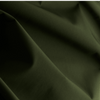 A close-up of draped olive green fabric with soft folds and a smooth texture.