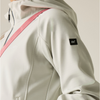 Close-up of a hooded jacket in a light warm gray or off-white color, featuring a pink zipper trim along the collar and a small black rectangular logo patch on the upper sleeve.