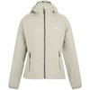 A light beige hooded jacket with a full front zipper, two zippered hand pockets, and a subtle white logo on the left chest, displayed on a clean white background.