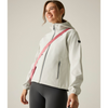 girl wearing dawn grey jacket with pink bag strap over shoulder in grey pants