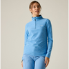 a woman wearing a denim blue half zip fleece with blue shorts on an offwhite background
