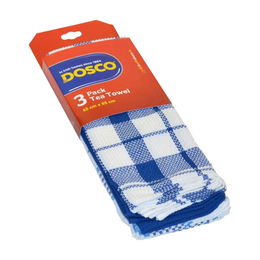 Dosco 3-pack tea towel set with blue and white checkered pattern on a white background
