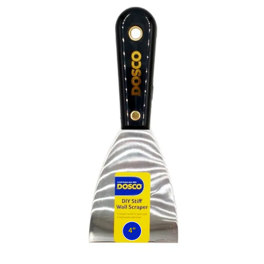 Dosco DIY stiff wall scraper with black handle on a white background