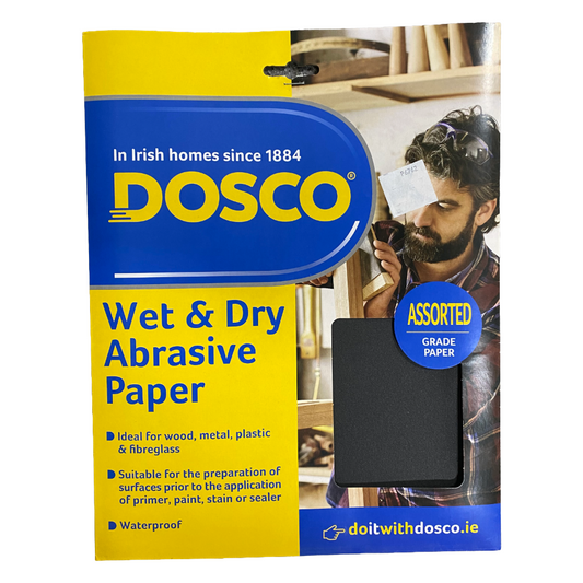 Dosco wet and dry abrasive paper packaging with a man using it.