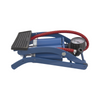 Blue foot pump with black pedal and red hose on a white background