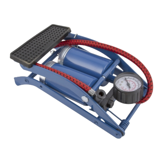 Blue foot pump with red hose and pressure gauge on a white background